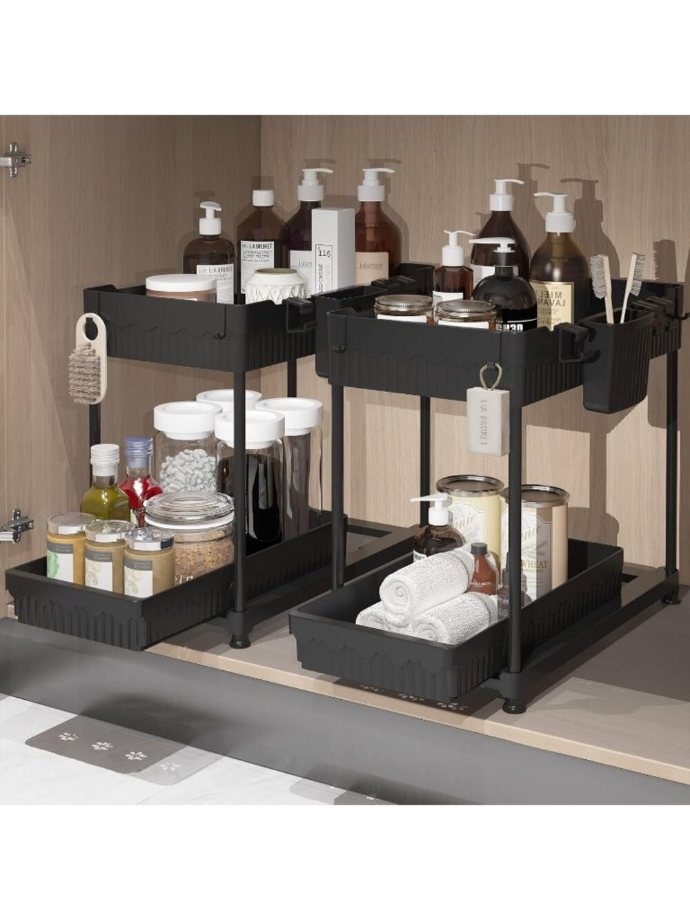 New 2 Pack Deep Black 2-Tier Under Sink Organizer Adjustable 12.85 in Shelf